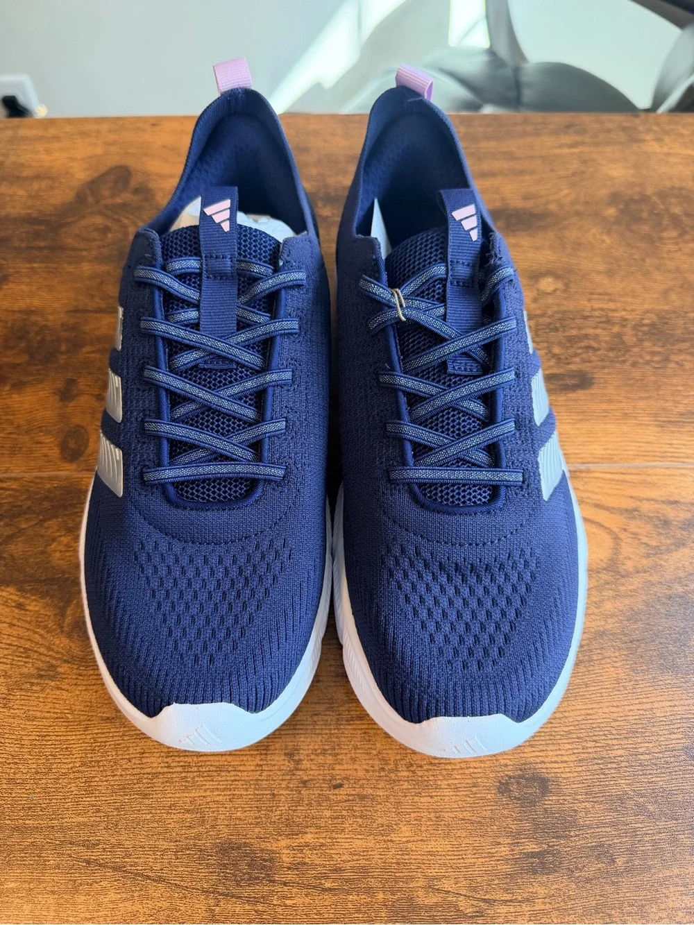 adidas Womens Navy Running Shoes with White Stripes and Pink Accents WIDE FIT